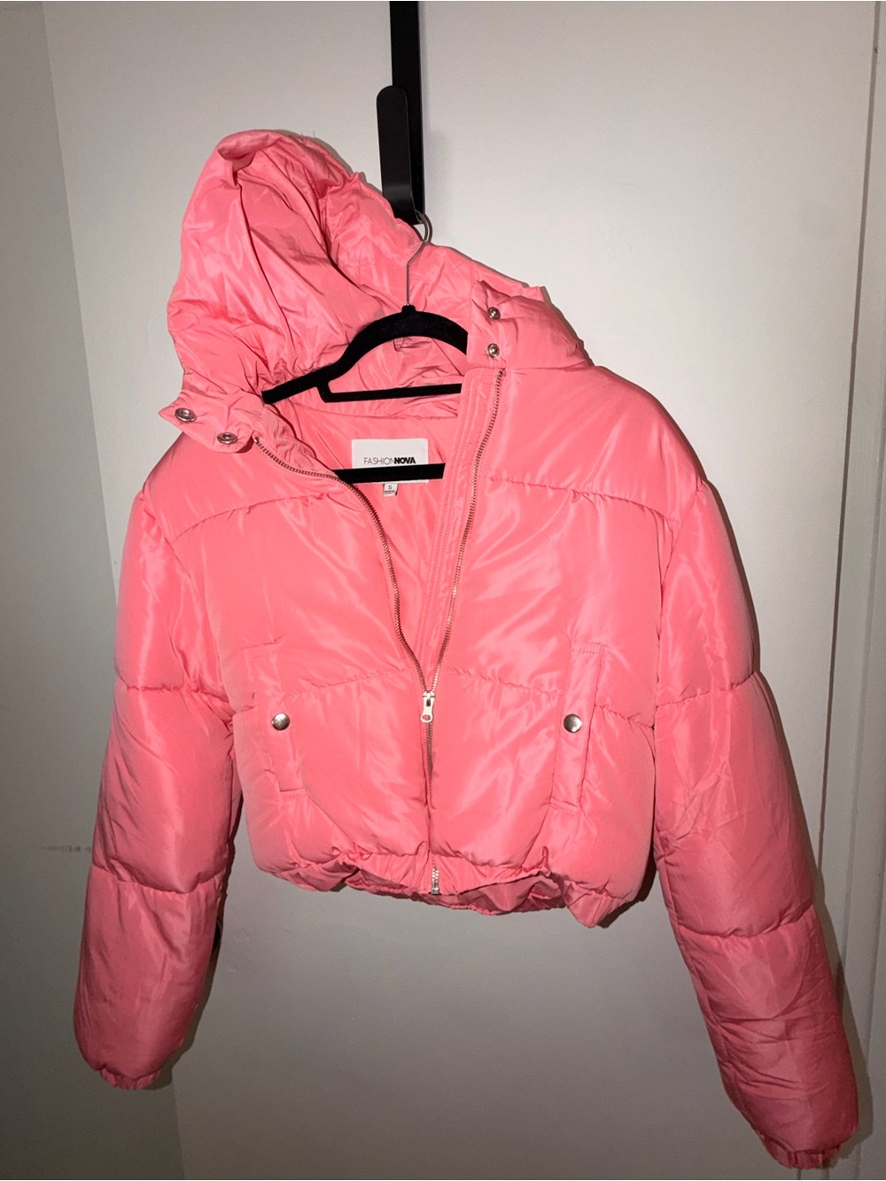 Fashion Nova Coral Pink Cropped Puffer Jacket with Hood